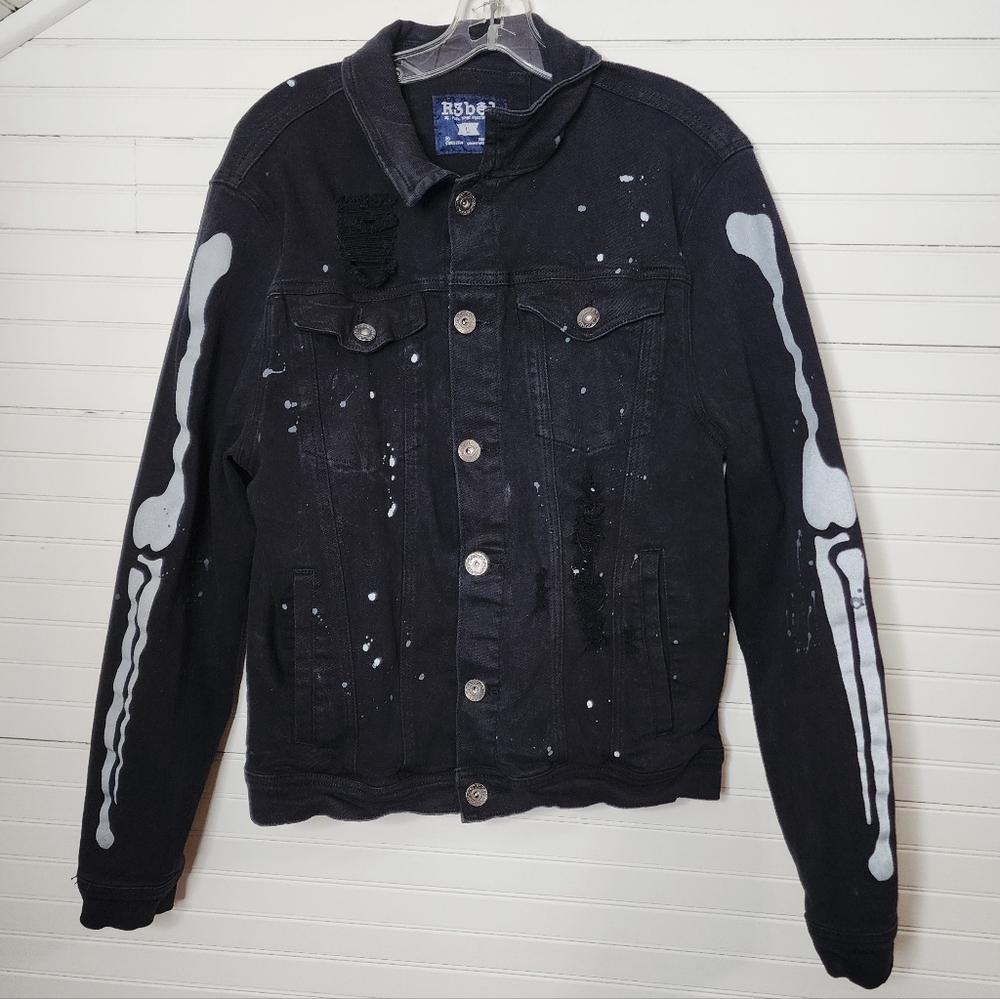 R3BELโ Black Denim Skeleton Arm Jacket Distressed Large Unisex